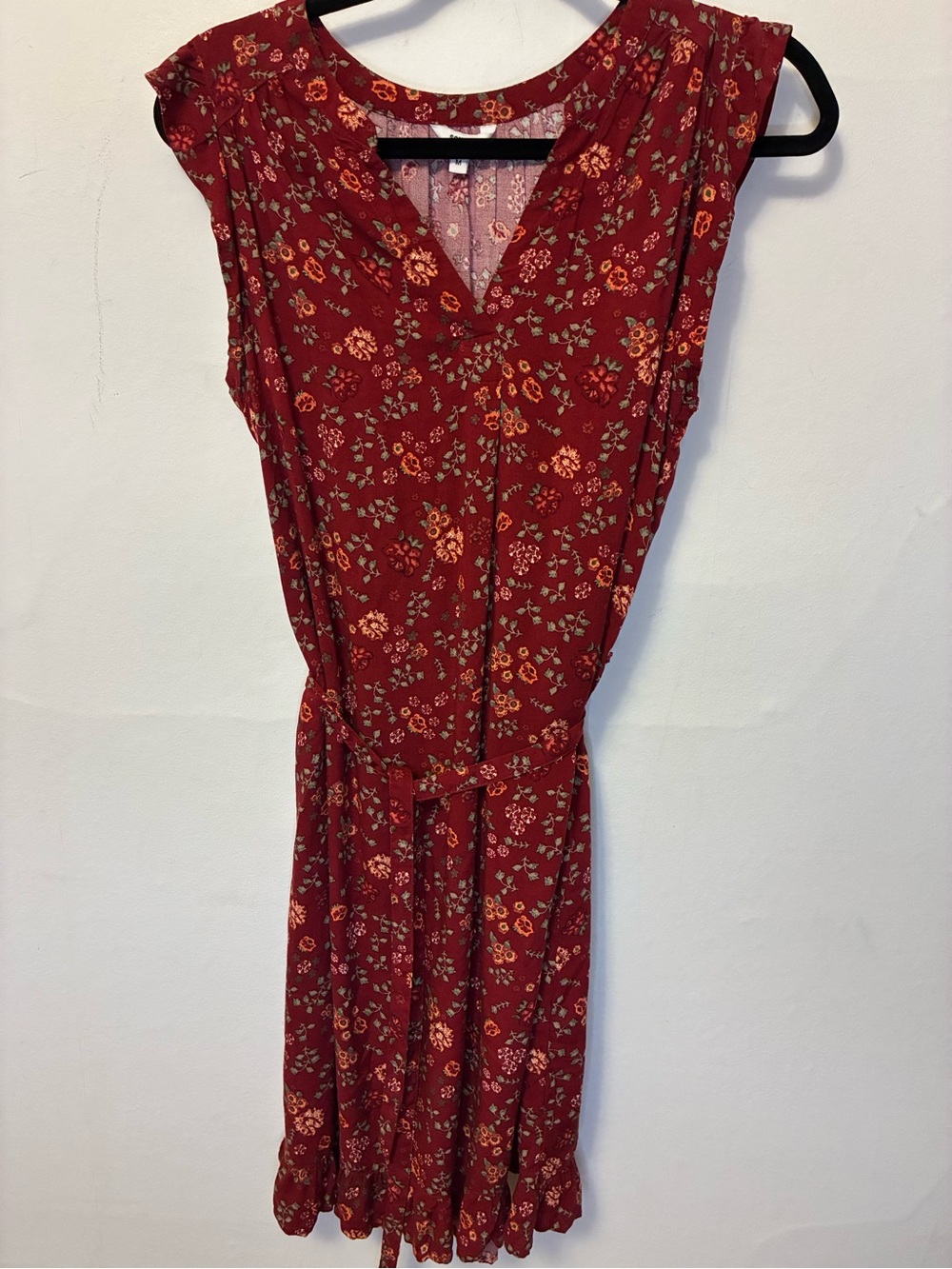 Maurice’s Floral V-Neck Burgundy Floral Dress with Tie Waist Med
